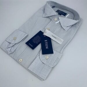 Eton Dress Shirt Mens XL 17 1/2 - 44 White Blue Paisley Poplin Contemporary Fit